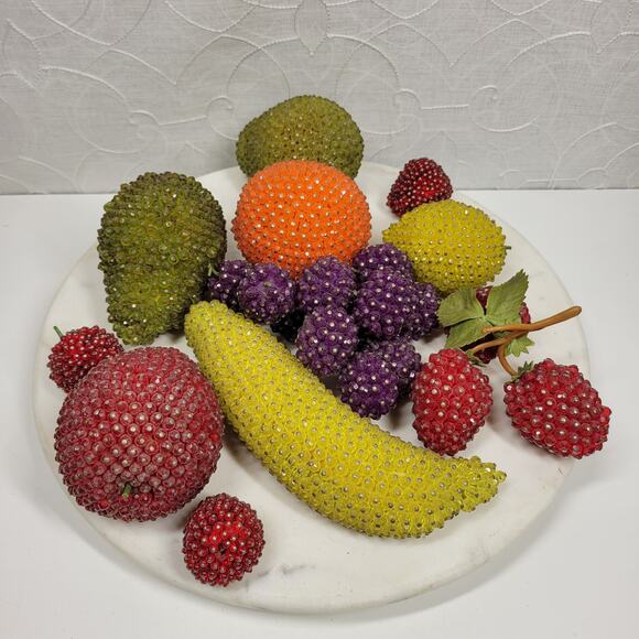 VTG Push Pin Bead Faux Fruit 24Pc Jeweled Grapes Banana Strawberry MCM Kitschy